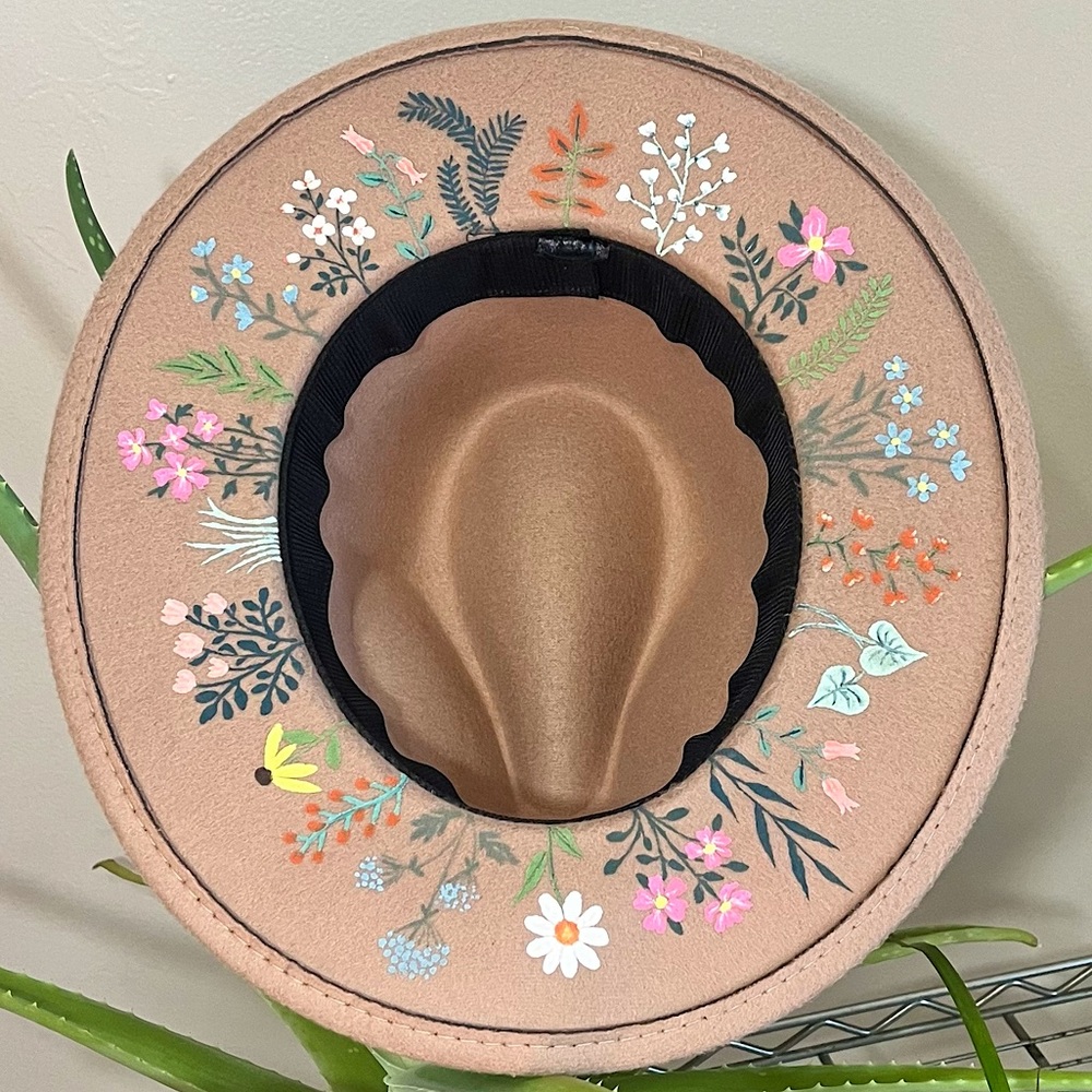 Tan XL X-Large Floral Hand Painted Fedora Brimmed Hat Fall Green Wildflower